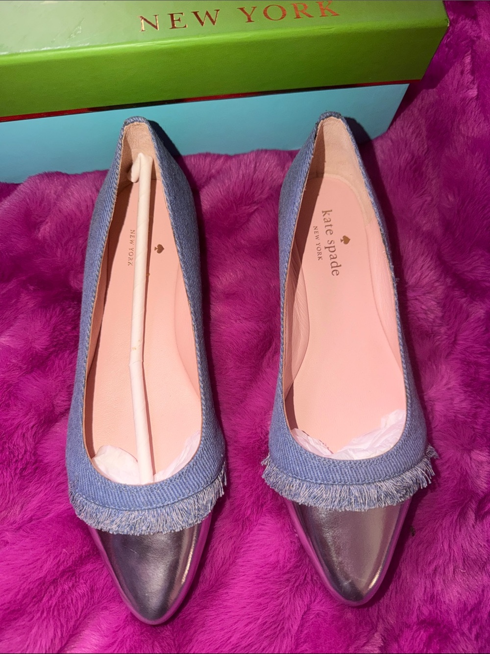 kate spade denim and silver  Pointed-Toe Fringe Flats